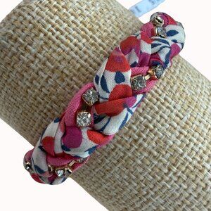 J Crew Floral Braided Bracelet With Rhinestones & Gold-Tone Accents Pink Floral